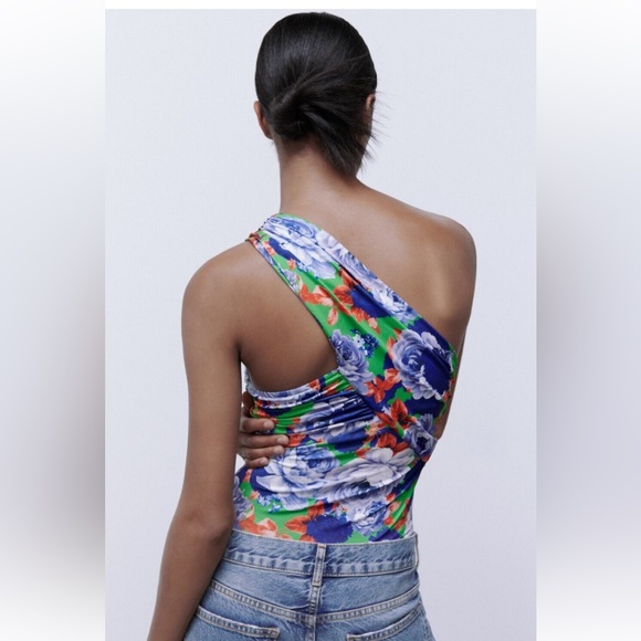 Zara Floral Asymmetrical Bodysuit Size Small NWT - Picture 3 of 16